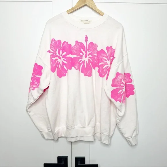 Free People x Tricia Fix Hibiscus Crew Sweatshirt Large hot pink floral Hawaiian - Picture 4 of 9